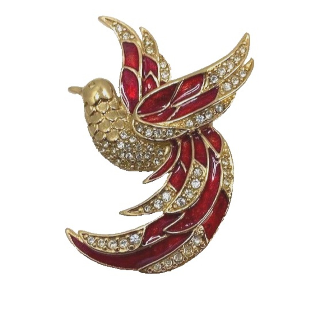 Vintage GIORGIO signed Red Enamel / Crystals Gold Tone Song Bird Brooch‎ Pin